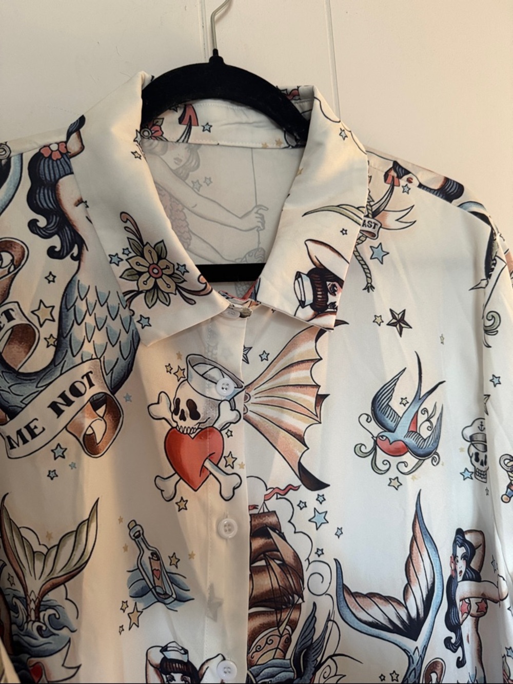 Vintage-Inspired Tattoo Mermaid Print Unisex Button-Up Shirt Size 3X Runs Small - Picture 13 of 13